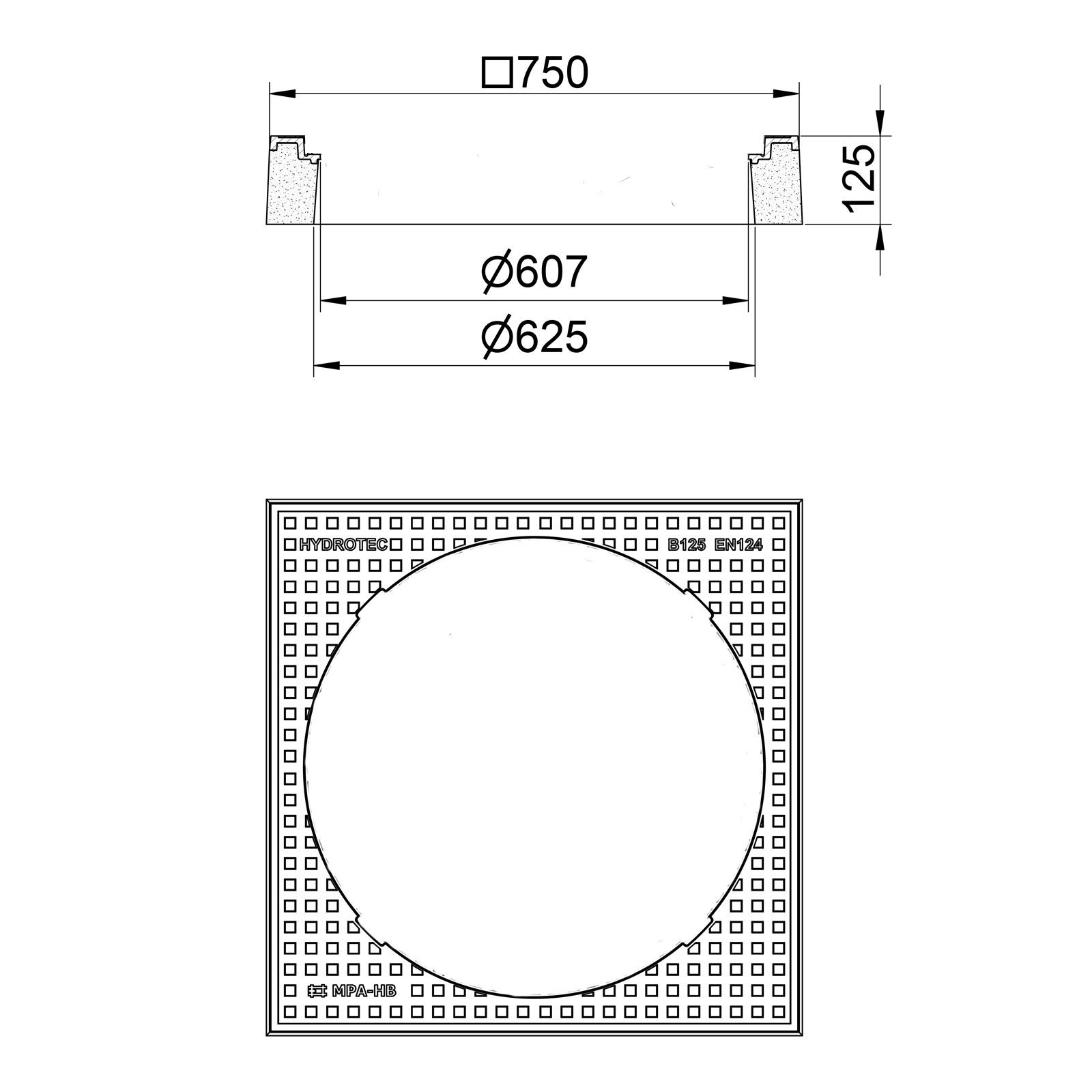 HYDROTEC Beton/Guss Rahmen quadratisch B125 